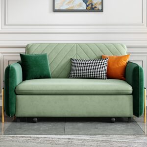 comfor u 53.5" Full Sleeper Sofa Green Upholstered Convertible Sofa Bed 3 in 1 Sleeper Sofa Couch Bed, Small Tufted Velvet Convertible Loveseat Futon Sofa w/Pullout Bed, Multi-Pockets for Living Room