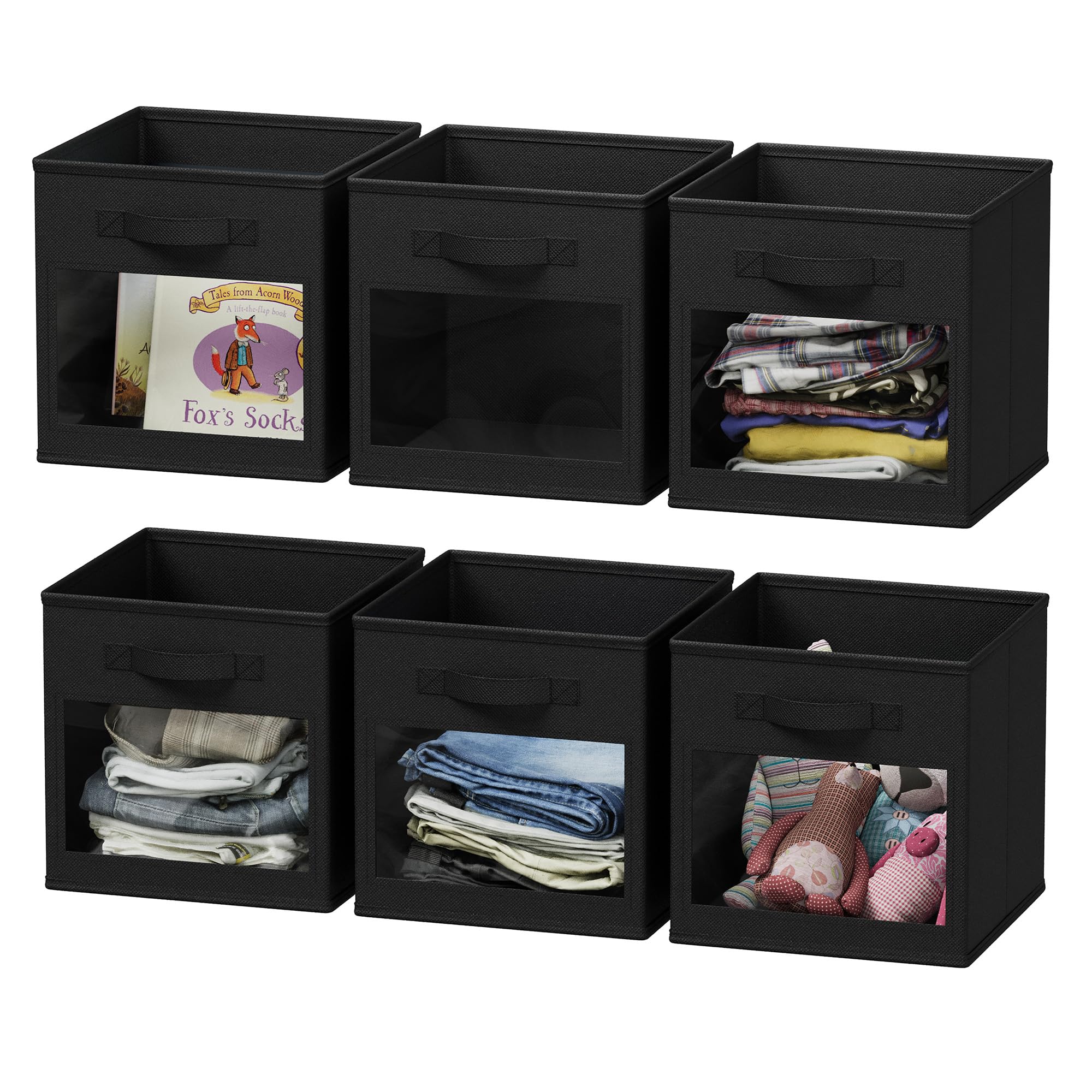 SpaceAid Storage Cubes with Clear Windows, Set of 6 Fabric Bins, 11 Inch Foldable Baskets Boxes for Closet, Cubby Shelf or Cube Storage Organizer, Black