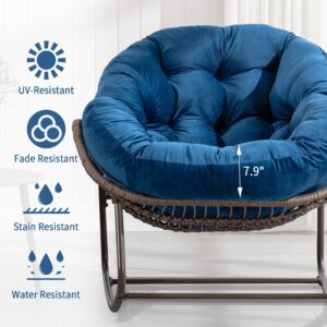 Villeston Outdoor Papasan Rocking Chair - Oversized Comfy Patio Chair Indoor Egg Royal Rattan Rocking Chair with Cushion for Front Porch Lounge Lawn Bedroom Living Room (Blue Velvet)