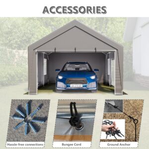 MACHOME Outdoor 13x20 FT Carport, Heavy Duty Canopy Storage Shed with Mesh Windows and Galvanized Steel Tube, All-Season Tarp, Wide Range of Appliaction for Car, Boat and Reunion, Gray