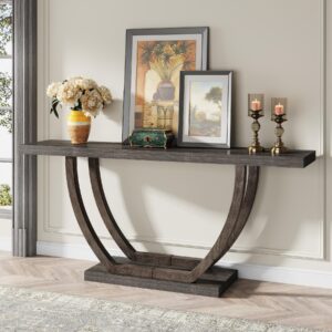 tribesigns 63-inch skinny console table with geometric base 2-tier farmhouse sofa table narrow long, thickened behind couch table with shelves for living room foyer corridor (rustic grey)