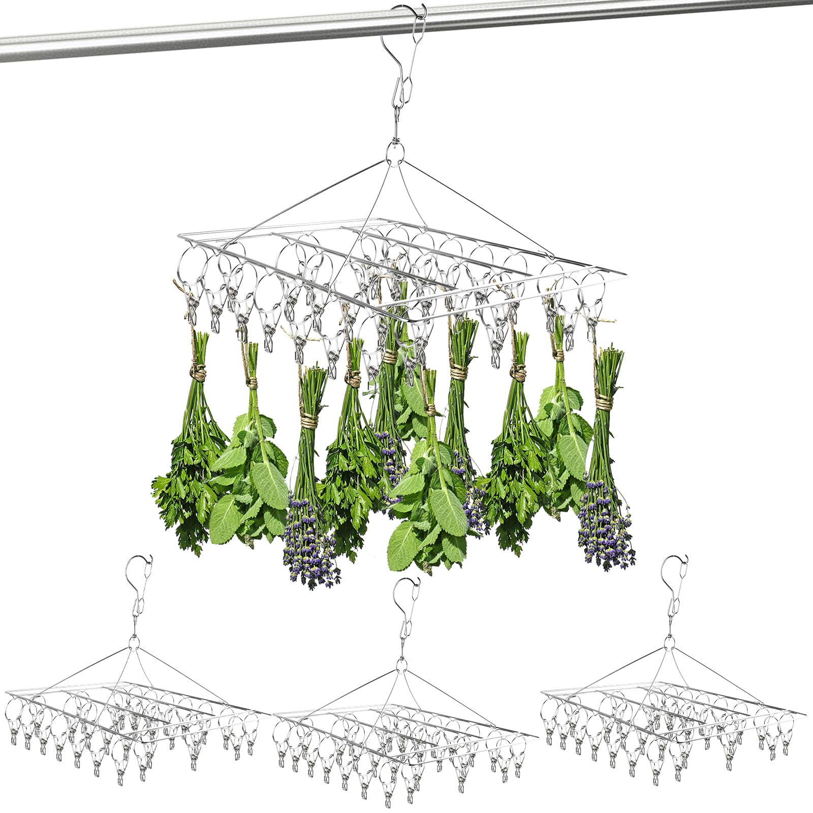 Akamino 4 Pcs Hanging Drying Rack,Stainless Steel Herb Drying Rack with 30 Stainless Clips,Collapsible Swivel Drying Rack Windproof Hook for Drying Herb Air Plants,Flowers,Towel,Bras,Lingerie, Sock