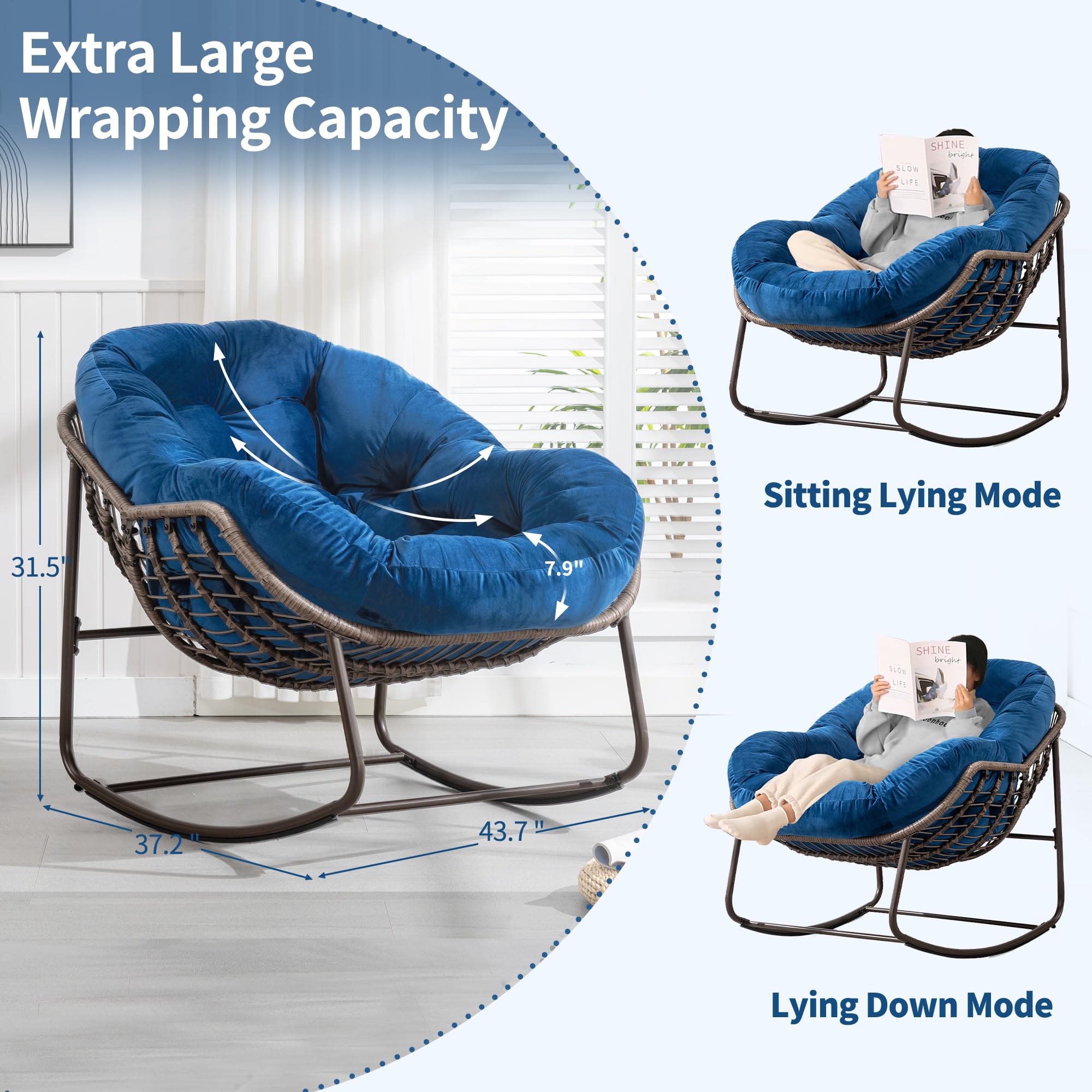 Villeston Outdoor Papasan Rocking Chair - Oversized Comfy Patio Chair Indoor Egg Royal Rattan Rocking Chair with Cushion for Front Porch Lounge Lawn Bedroom Living Room (Blue Velvet)