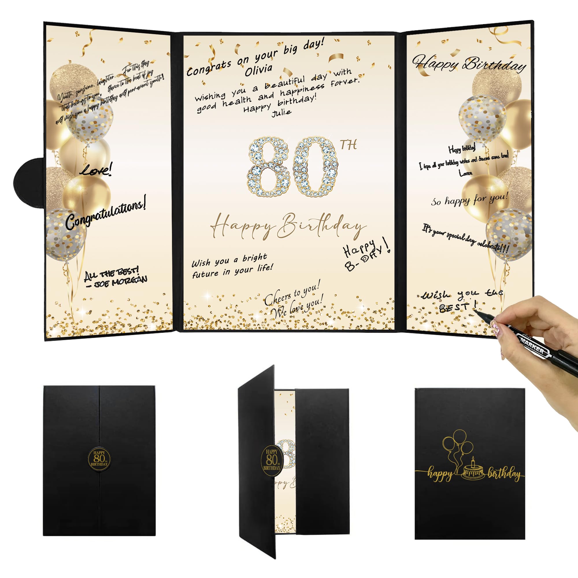 DARUNAXY Black Gold 80th Birthday Party Decorations, Happy 80th Birthday Alternative Signature Guest Book for Men Women Cheers to 80 Years Old Gifts 80 Birthday Signing Card Board Party Supplies