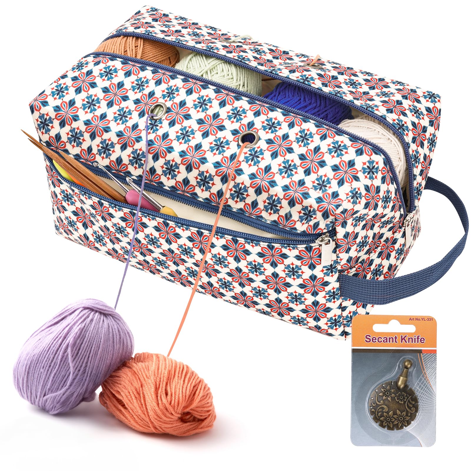 Meitward Crochet Bag with Thread Cutter, Portable Knitting Bag Yarn Storage Organizer for Crochet Hooks, Knitting Needles and Other Accessories, Gift for Mom Women