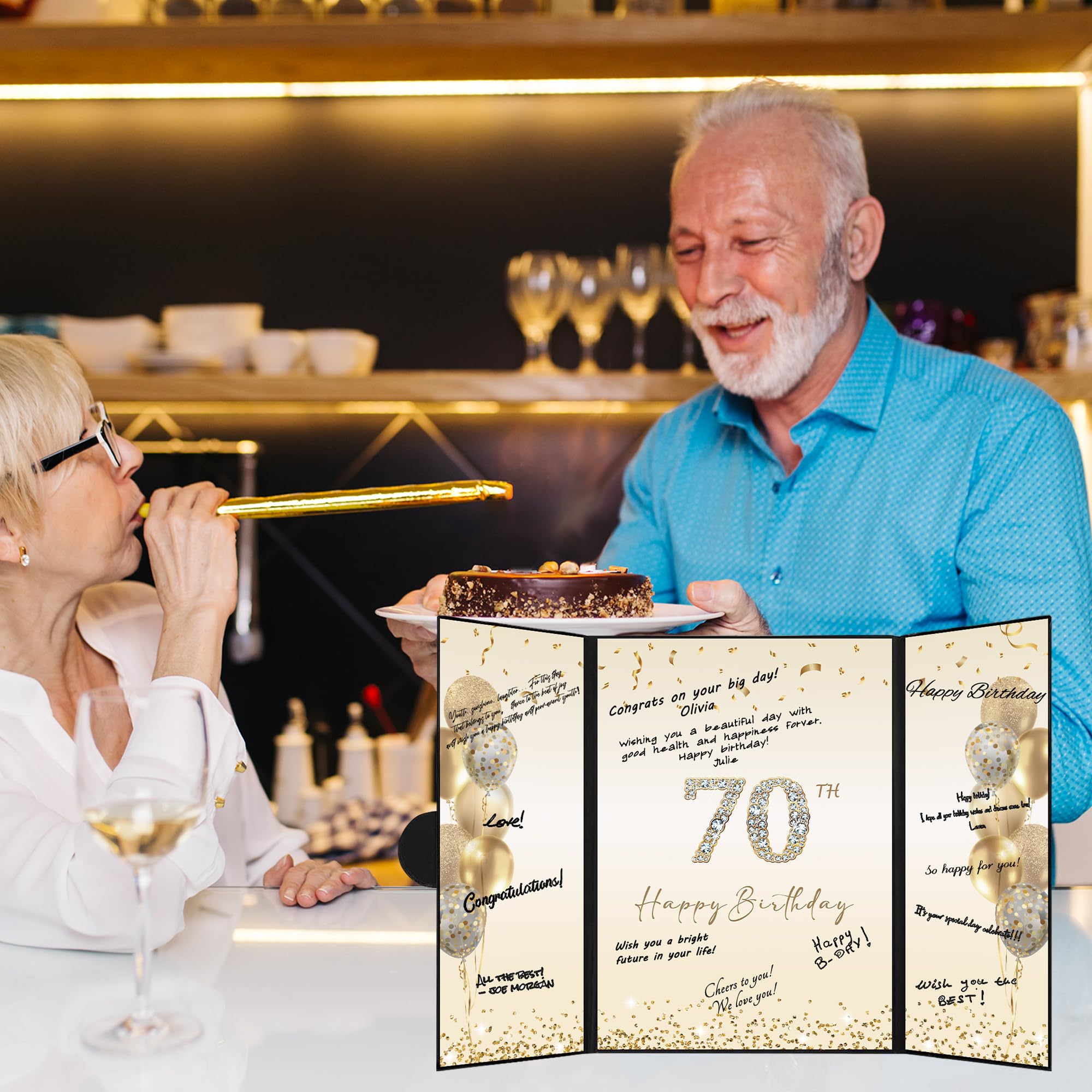 DARUNAXY Black Gold 70th Birthday Party Decorations, Happy 70th Birthday Alternative Signature Guest Book for Men Women Cheers to 70 Years Old Gifts 70 Birthday Signing Card Board Party Supplies