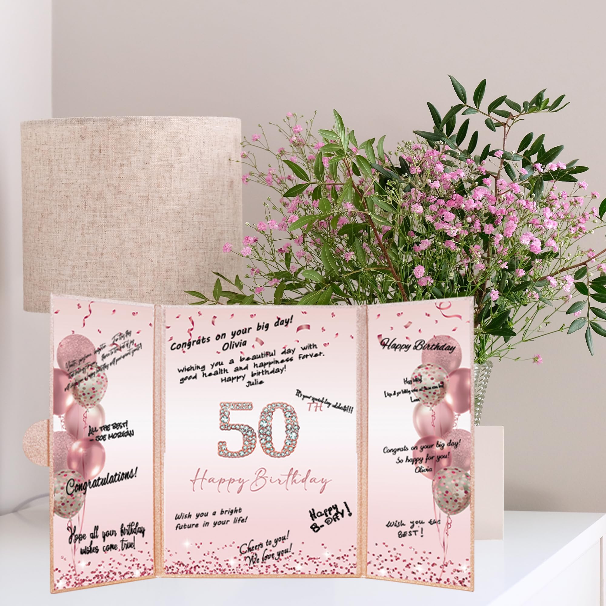 DARUNAXY Rose Gold 50th Birthday Party Decorations, Happy 50th Birthday Alternative Signature Guest Book for Women Pink Cheers to 50 Years Old Gifts 50 Birthday Signing Card Board Party Supplies