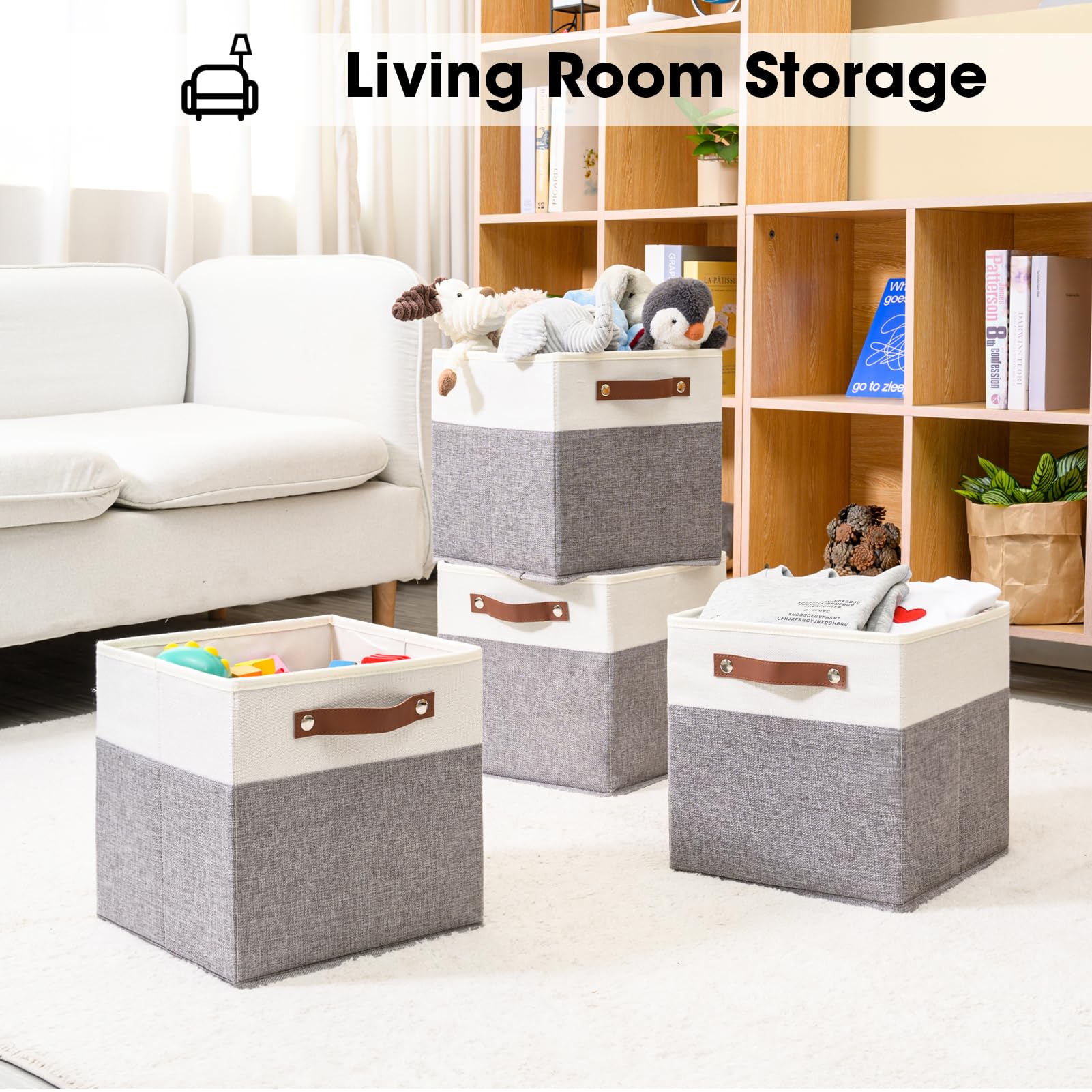 DUHEL Cube Storage Bins 4 Pack,11 Inch Collapsible Storage Bins,Fabric Storage Cubes Can be Usd Closet Organizers and Storage Box Shelf Basket. (White&Grey-4pcs)