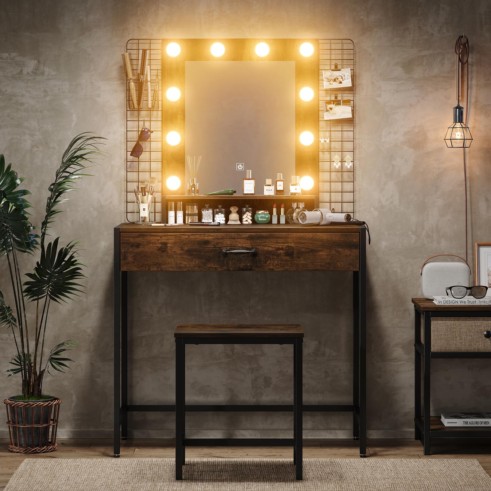 Furniouse Makeup Vanity Desk Set with LED Lights and Mirror, 33" W Makeup Table with Drawer & Charging Station, Dressing Table with Stool for Bedroom, Rustic Brown