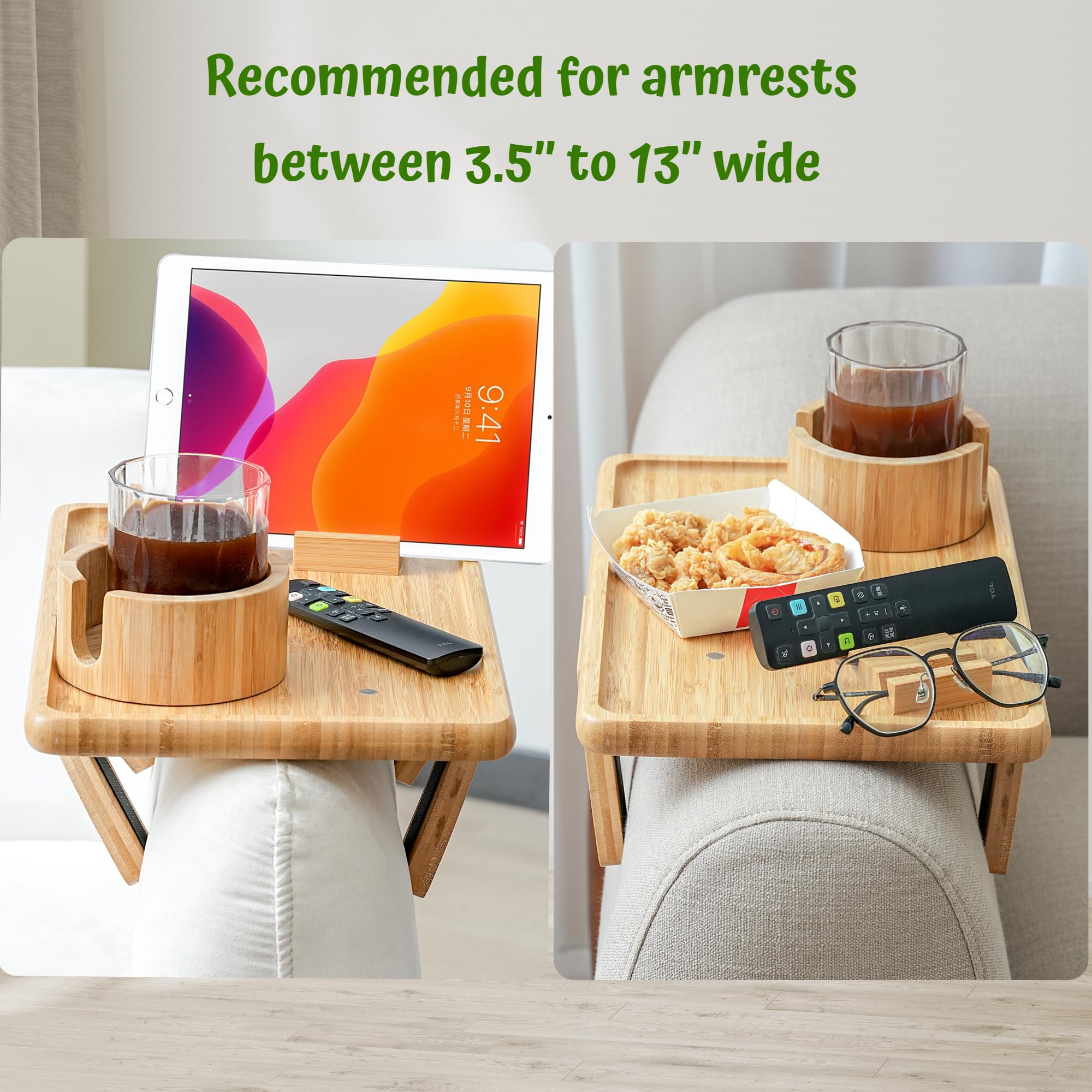 Fabsome Bamboo Couch Arm Tray, TV Dinner Tray for Sofa Loveseats with Cup Holder Phone Tablet Holder, Clip on Armrest Side End Table Replacement for Meal Drink Remote Glasses, with Raised Edges