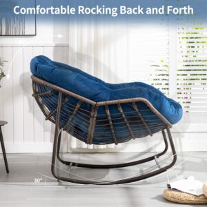 Villeston Outdoor Papasan Rocking Chair - Oversized Comfy Patio Chair Indoor Egg Royal Rattan Rocking Chair with Cushion for Front Porch Lounge Lawn Bedroom Living Room (Blue Velvet)