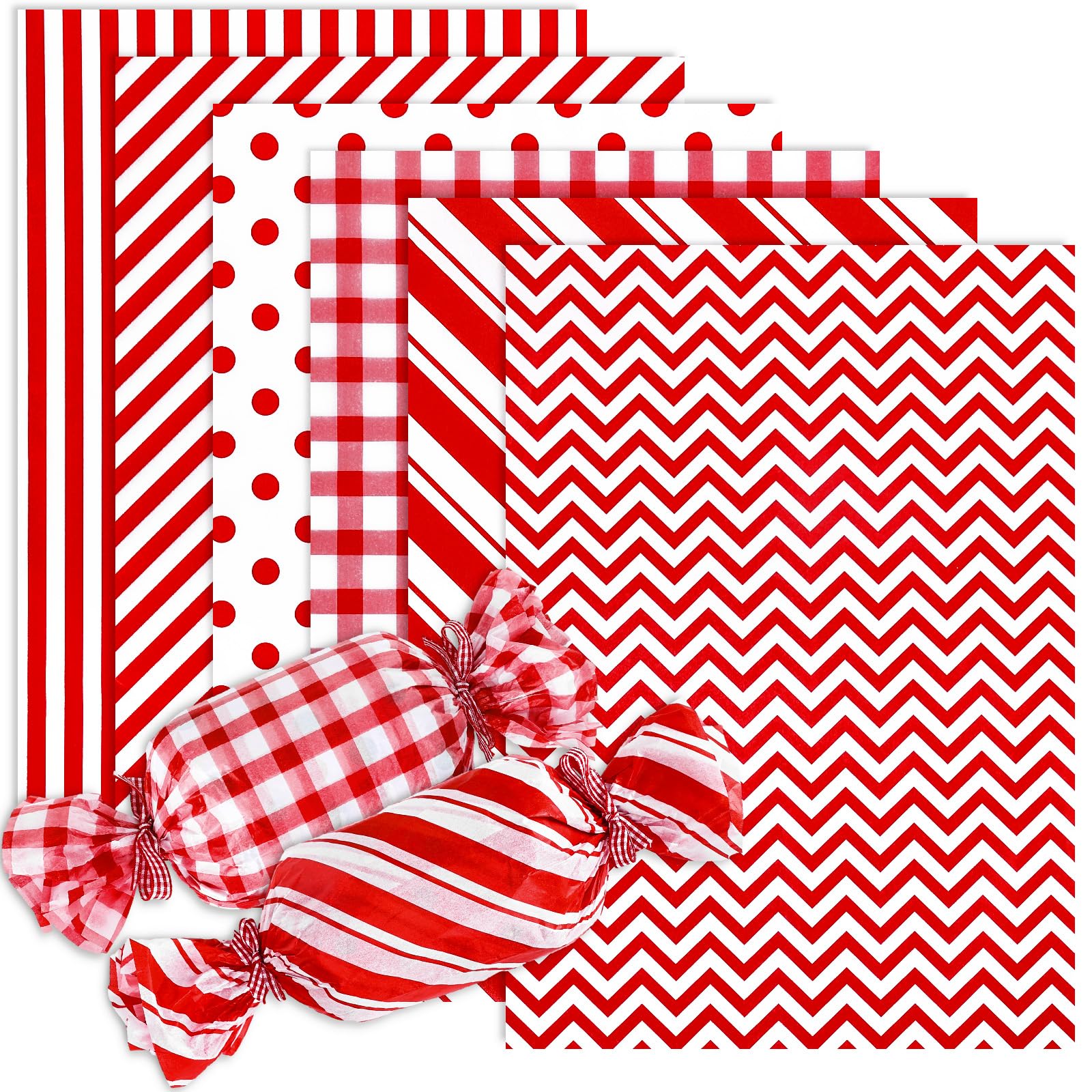 Whaline 120 Sheets Minimalists Christmas Tissue Paper Plaids Dots Stripes Print Gift Wrapping Paper Red White Art Craft Paper for DIY Winter Xmas Wedding Anniversary Birthday Party Decor