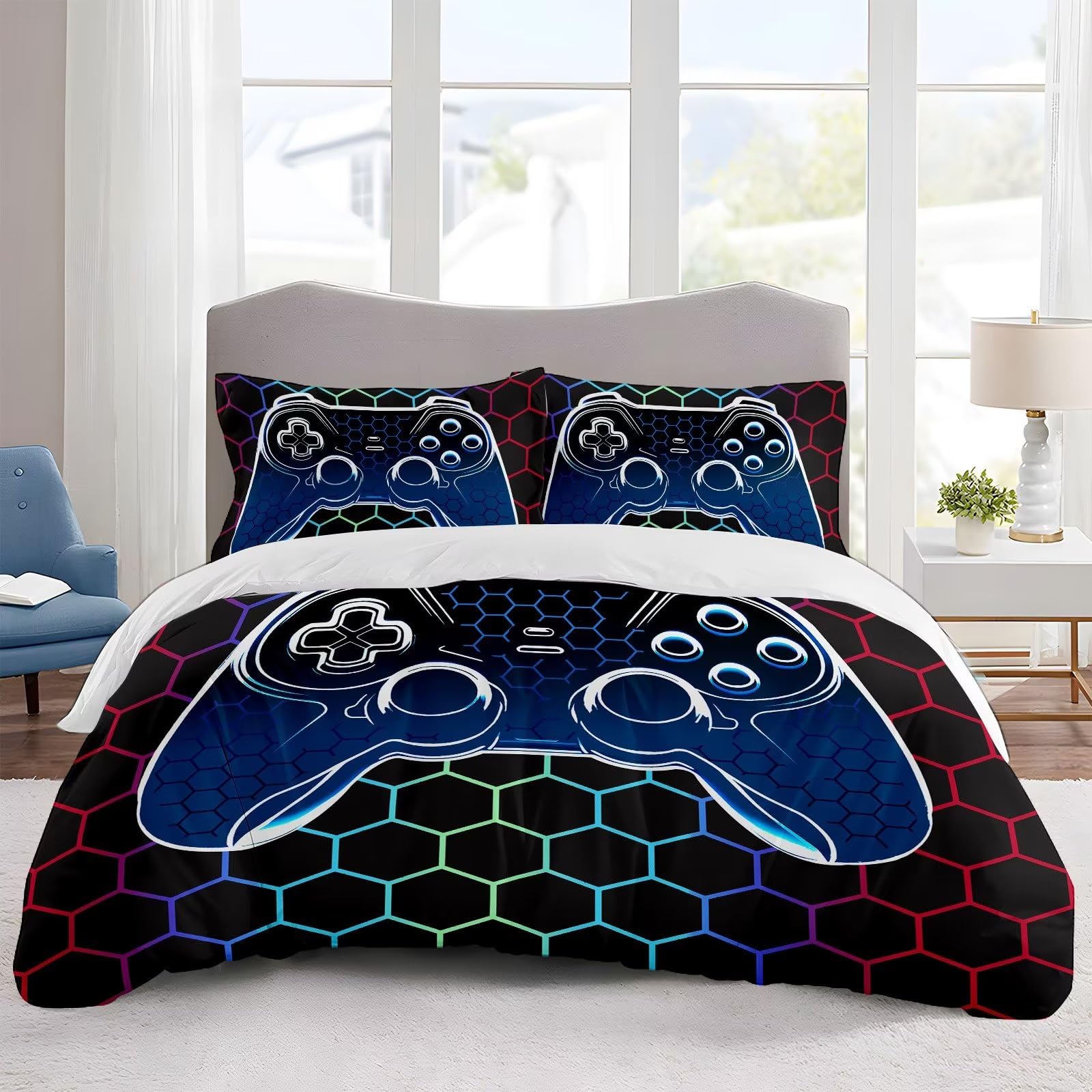 Duvet Cover Full,Gamer Bedding Set Full ,Game Console Comforter Cover Full Size for Boys Kids,Cool 3D Gaming Geometric Bedding Set, 3 Pieces, 1 Gamer Duvet Cover 80"x90" and 2 Pillow Shams 20"x30"