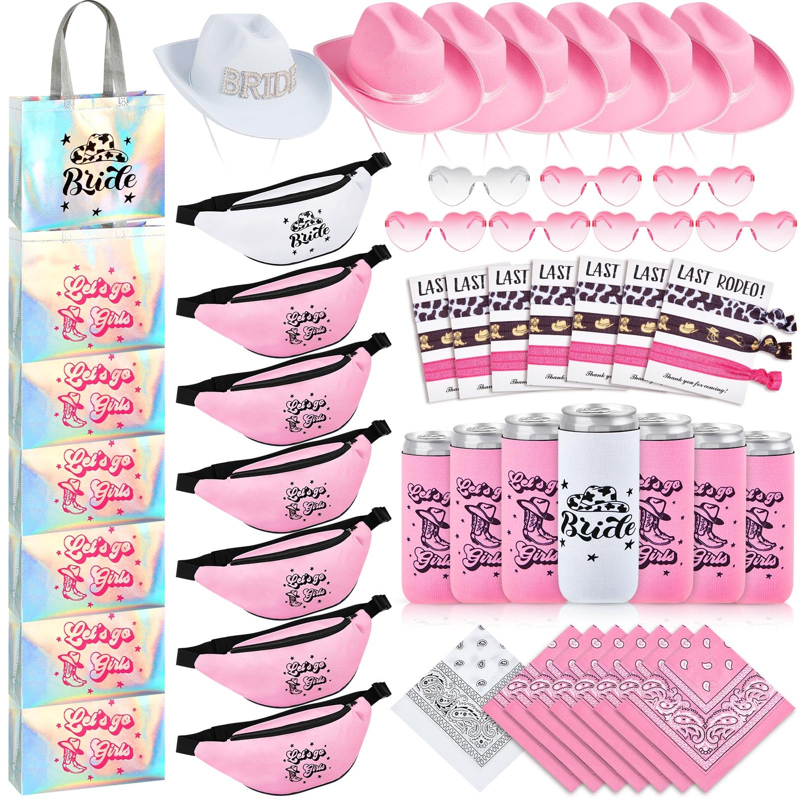 ShinyMatch 49 Pcs Cowgirl Bachelorette Party Favors Set Bachelorette Cowgirl Hats Bridesmaid Fanny Pack Can Sleeves Cowgirl Hair Ties Paisley Bandanas Heart Glasses Tote Bags for Bridal Shower