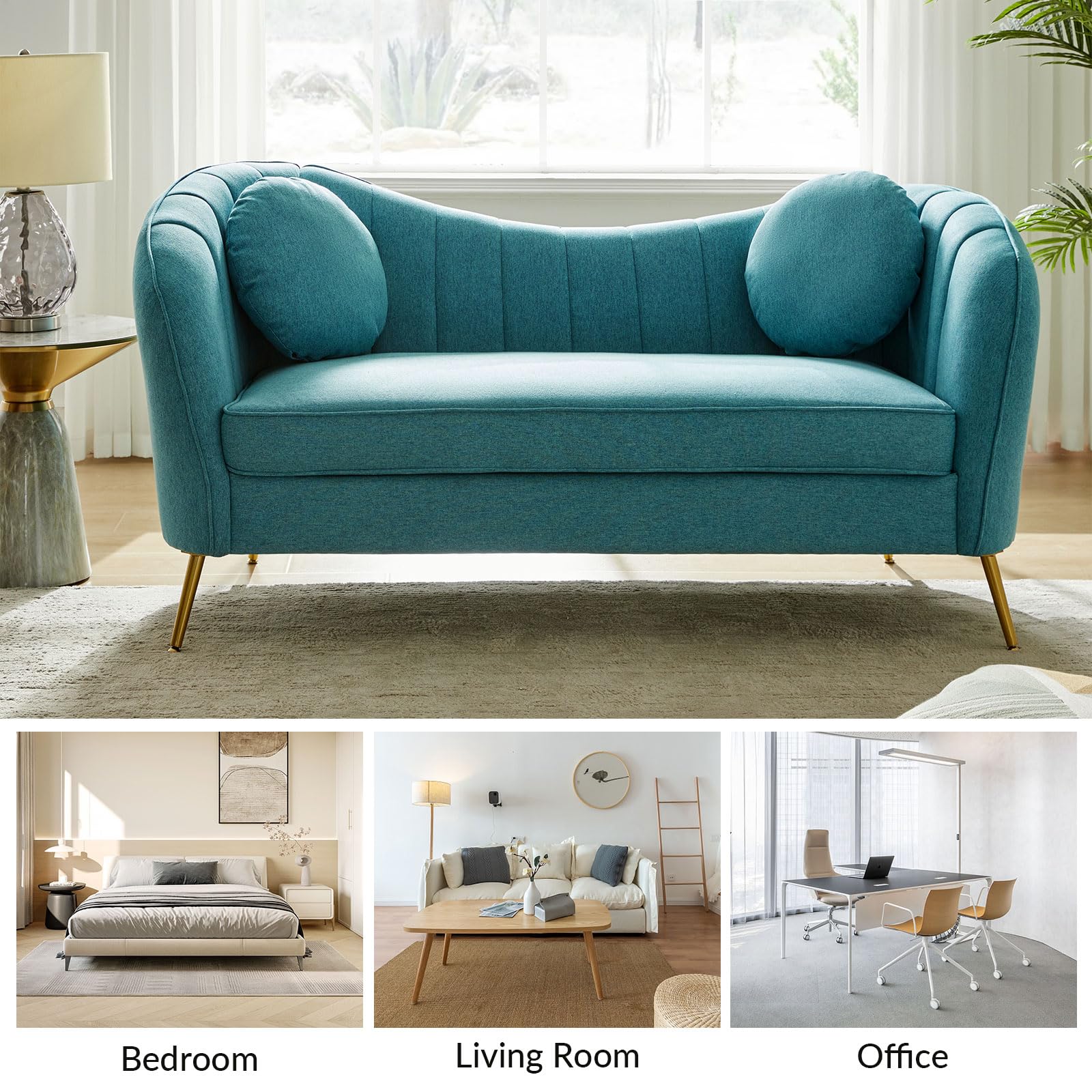 HULALA HOME Velvet Loveseat Sofa with 2 Pillows, Mid-Century Modern 2-Seat Sofa with Golden Legs for Bedroom, Comfy Upholstered Love Seat Couch, Teal