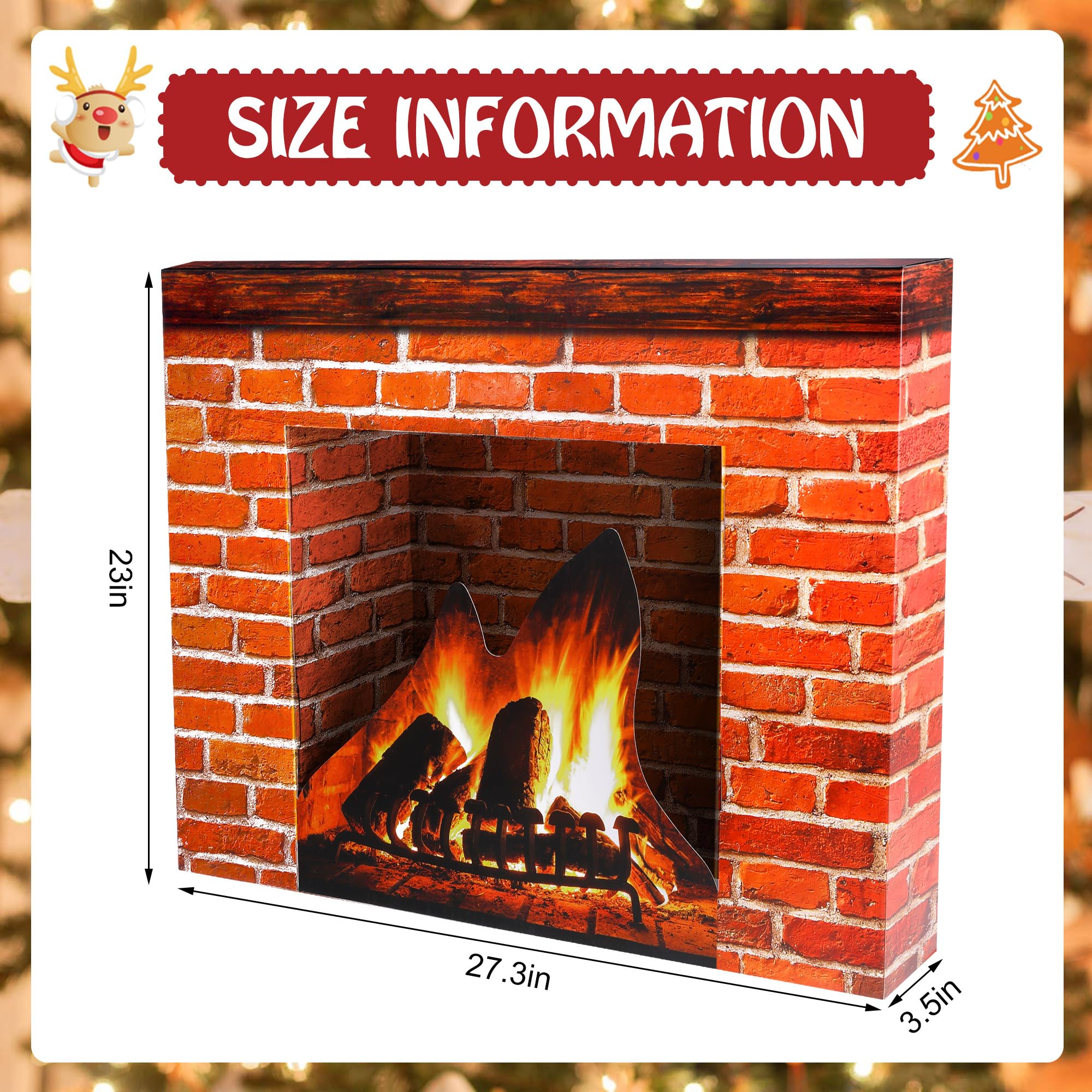 Christmas Cardboard Fireplace Prop- 3D Artificial Red Brick Cardboard Fireplace- Brick Fireplace Stand-Up- Fake Fireplace Backdrop for Christmas Decoration