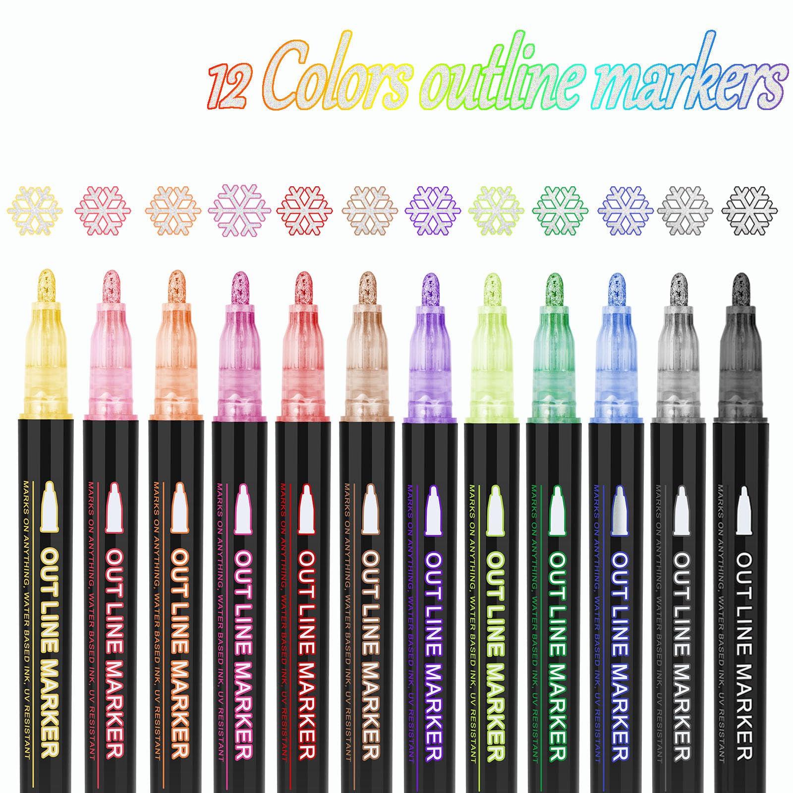 OLINGYOU Outline Markers, 12 Colors Shimmer Markers Set, Self Outline Metallic Outline Marker Pen Set for Art, Drawing, Doodling, Card Making, Greeting Cards, DIY Crafts