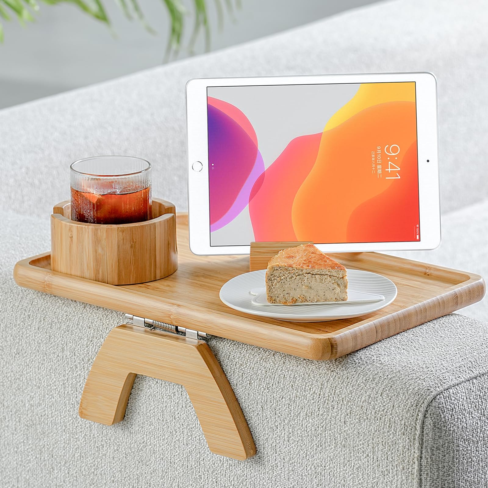 Fabsome Bamboo Couch Arm Tray, TV Dinner Tray for Sofa Loveseats with Cup Holder Phone Tablet Holder, Clip on Armrest Side End Table Replacement for Meal Drink Remote Glasses, with Raised Edges