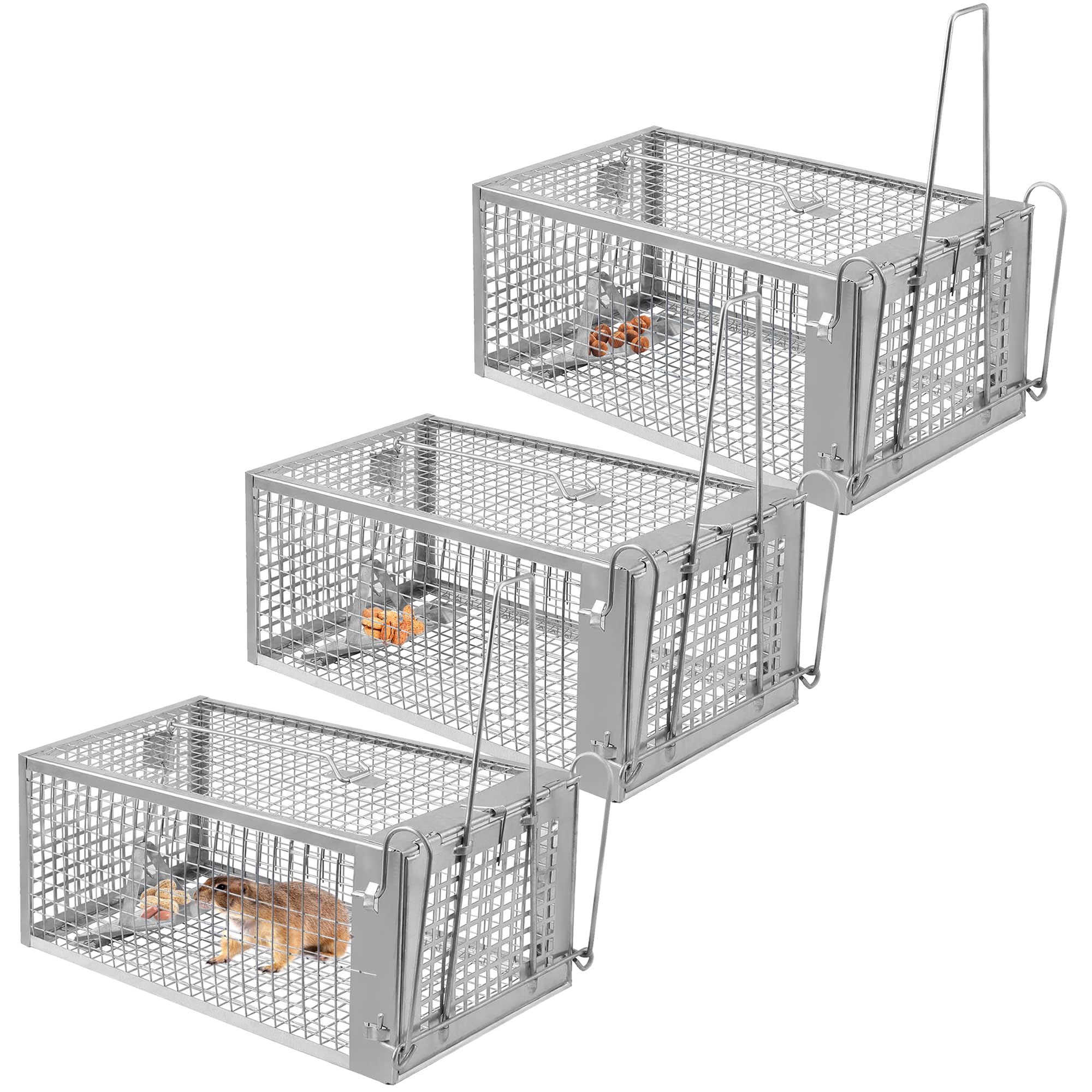 Moclever Humane Rat Trap Rat Trap Cage Humane Live Rodent Trap Cage Live Rat Trap Galvanized Iron Mice Mouse Control Bait Catch w/Detachable U Shaped Rod-10.7"X 5.4"X 4.4"-3PCS