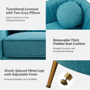 HULALA HOME Velvet Loveseat Sofa with 2 Pillows, Mid-Century Modern 2-Seat Sofa with Golden Legs for Bedroom, Comfy Upholstered Love Seat Couch, Teal