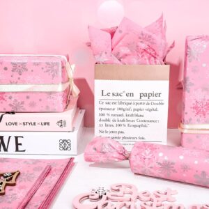 Whaline 100 Sheets Christmas Tissue Paper Pink Winter Snowflake Gift Wrapping Paper Pink Snow Flakes Art Craft Gift Wrap Paper for Winter Xmas New Year Baby Shower Wedding Decor, 13.7 x 19.6 Inch