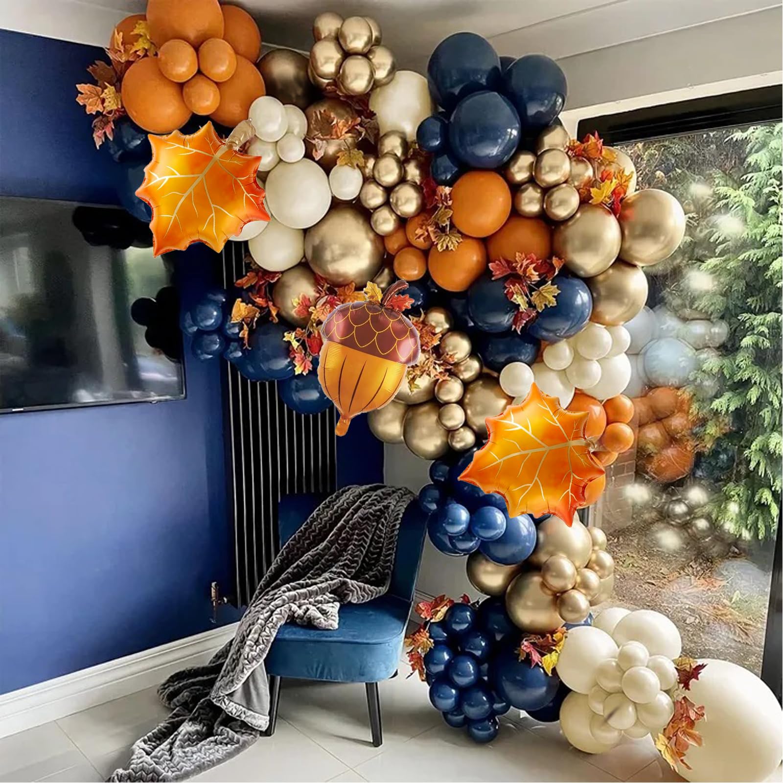 Fall Thanksgiving Balloon Garland Arch Kit, Navy Blue Metallic Gold Orange Ivory White Balloon Garland Kit for Fall Thanksgiving Autumn Birthday Fall Little Pumpkin Baby Shower Party Decorations