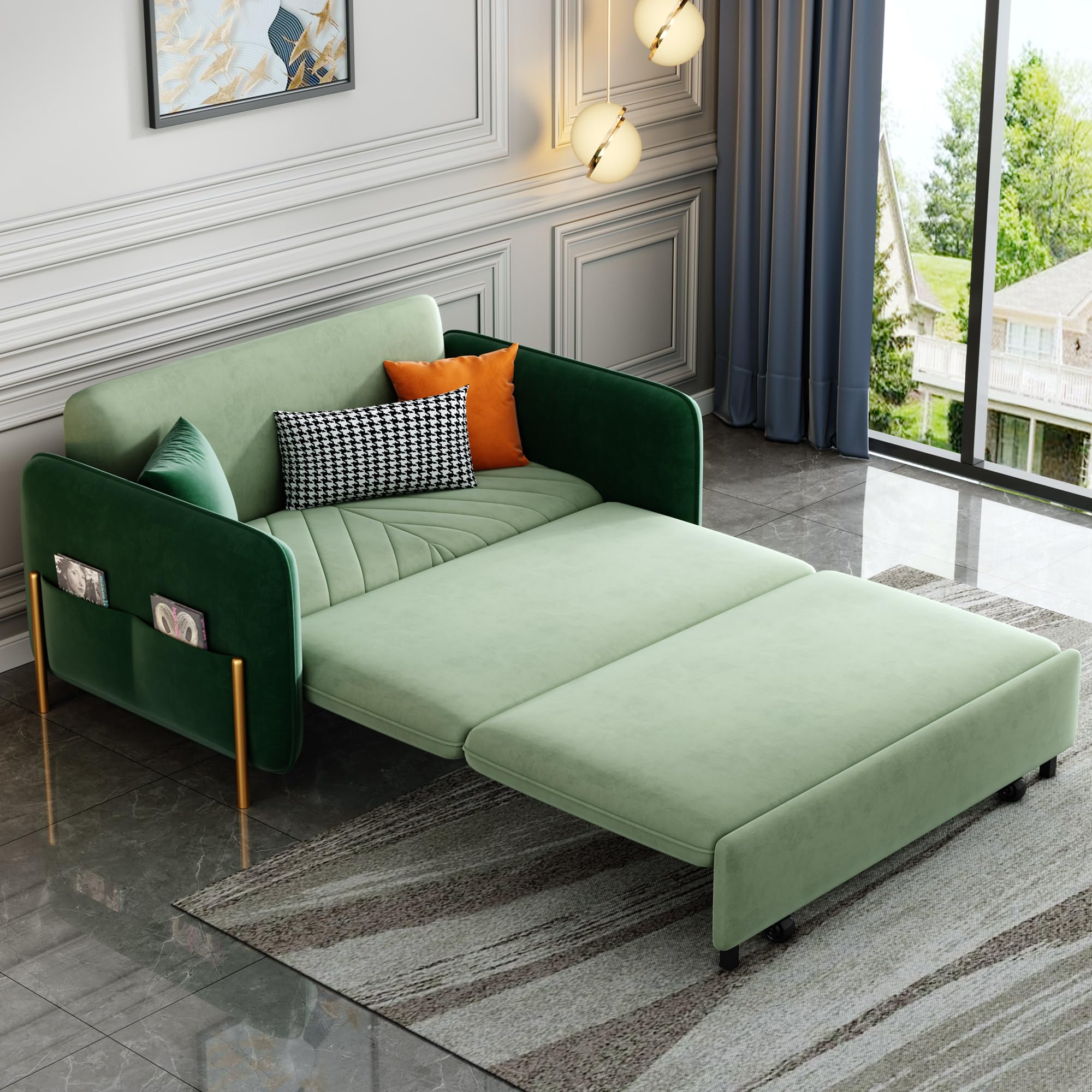 comfor u 53.5" Full Sleeper Sofa Green Upholstered Convertible Sofa Bed 3 in 1 Sleeper Sofa Couch Bed, Small Tufted Velvet Convertible Loveseat Futon Sofa w/Pullout Bed, Multi-Pockets for Living Room