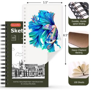 Soucolor 5.5" x 8.5" Sketchbook Pack of 2, 200 Sheets Sketch Book, Spiral Bound Sketch Pad Drawing Book Acid-Free Paper (68lb/100gsm), Painting Sketching Drawing Art Supplies for Adults Kids Teens