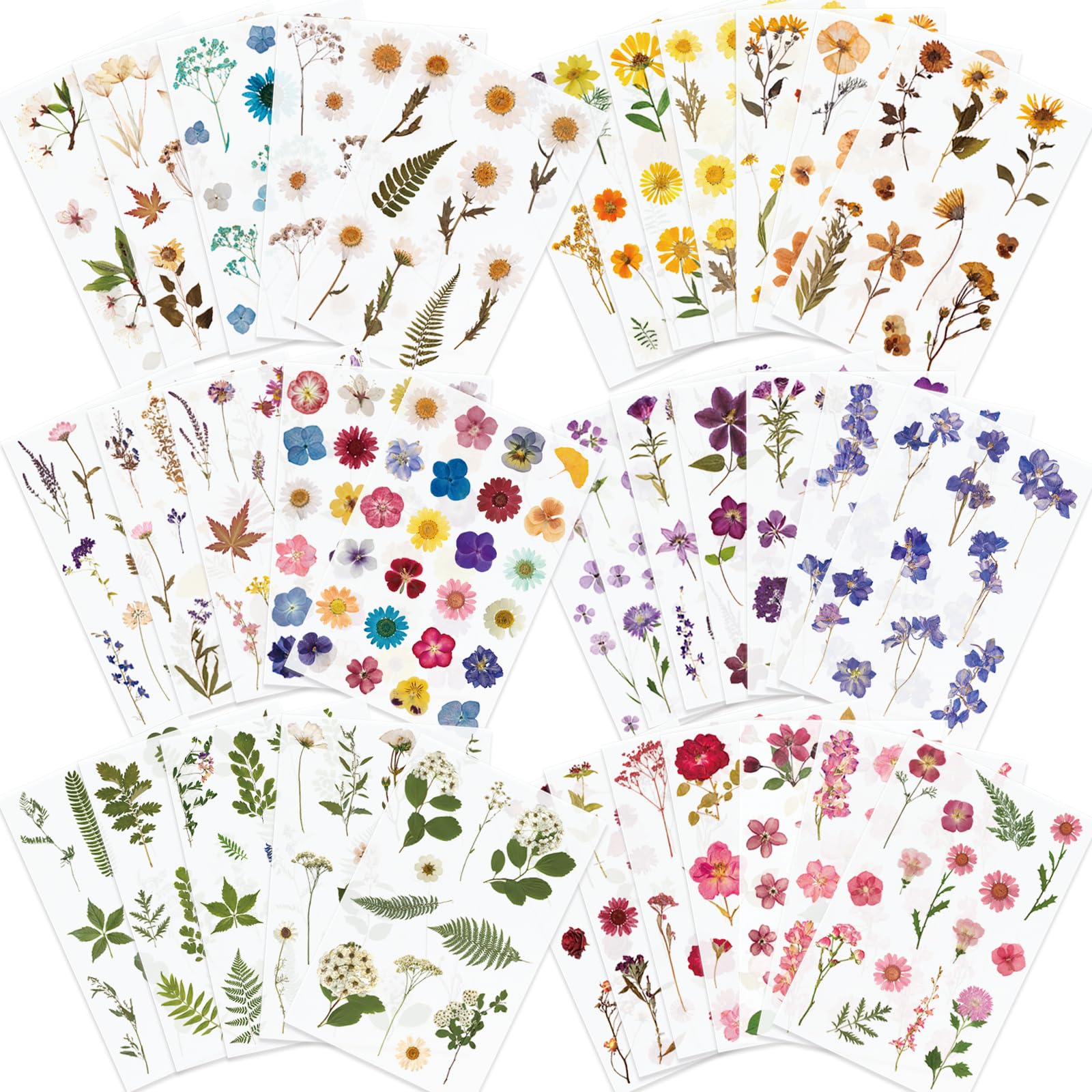 Knaid Pressed Flower Themed Stickers (Assorted 486 Pieces, 36 Sheets) Dried Floral Resin Stickers Decals Botanical Journaling Sticker for Scrapbook Supplies Junk Journal Bullet Journal Planner Laptop