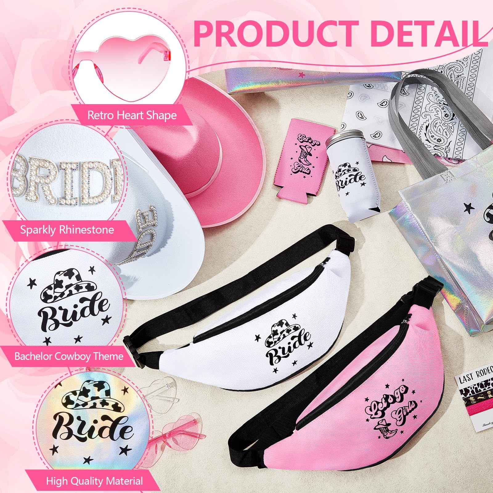 ShinyMatch 49 Pcs Cowgirl Bachelorette Party Favors Set Bachelorette Cowgirl Hats Bridesmaid Fanny Pack Can Sleeves Cowgirl Hair Ties Paisley Bandanas Heart Glasses Tote Bags for Bridal Shower