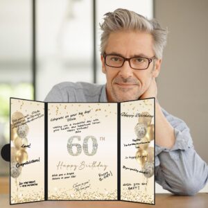 DARUNAXY Black Gold 60th Birthday Party Decorations, Happy 60th Birthday Alternative Signature Guest Book for Men Women Cheers to 60 Years Old Gifts 60 Birthday Signing Card Board Party Supplies