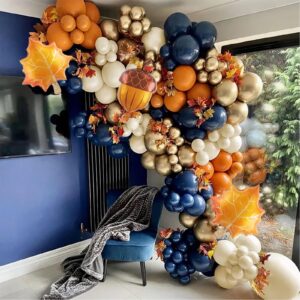 fall thanksgiving balloon garland arch kit, navy blue metallic gold orange ivory white balloon garland kit for fall thanksgiving autumn birthday fall little pumpkin baby shower party decorations