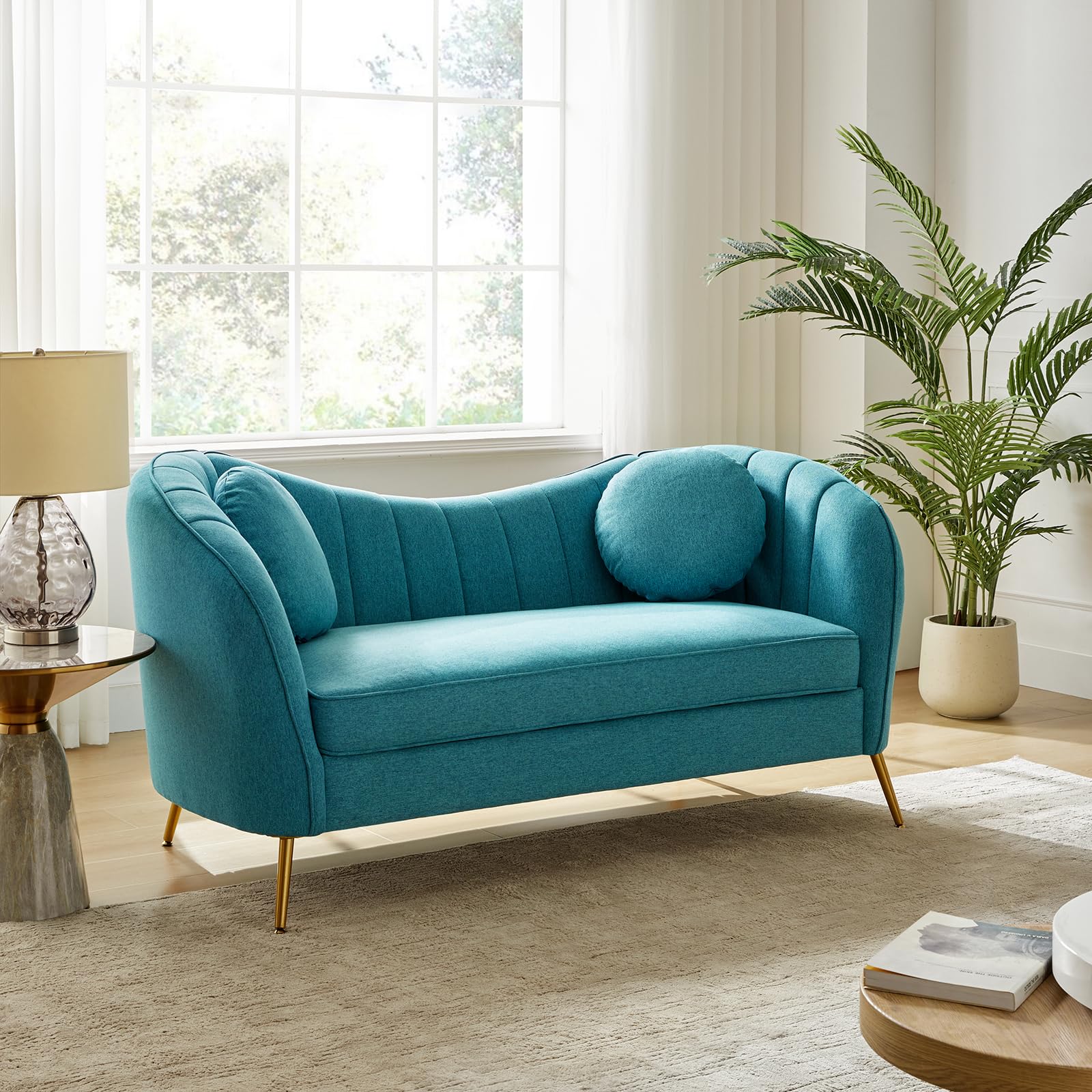 HULALA HOME Velvet Loveseat Sofa with 2 Pillows, Mid-Century Modern 2-Seat Sofa with Golden Legs for Bedroom, Comfy Upholstered Love Seat Couch, Teal