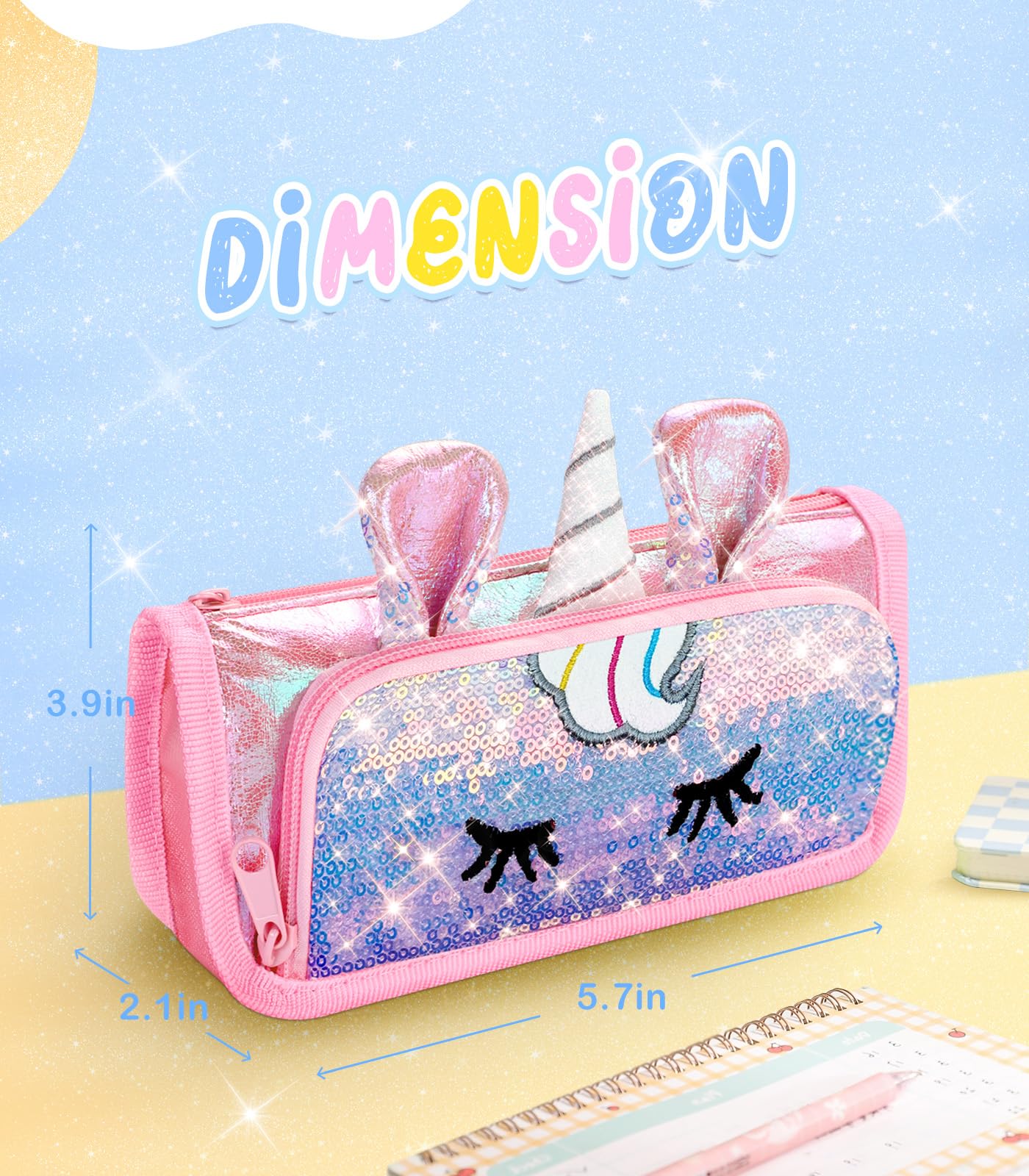 LISEVO Cute Pencil Case, 3D Pencil Pouch for Girls Kids, Sparkly Pencil Bag with Sequins for Students, Glitter Bling School Supplies Stationary Pen Holder