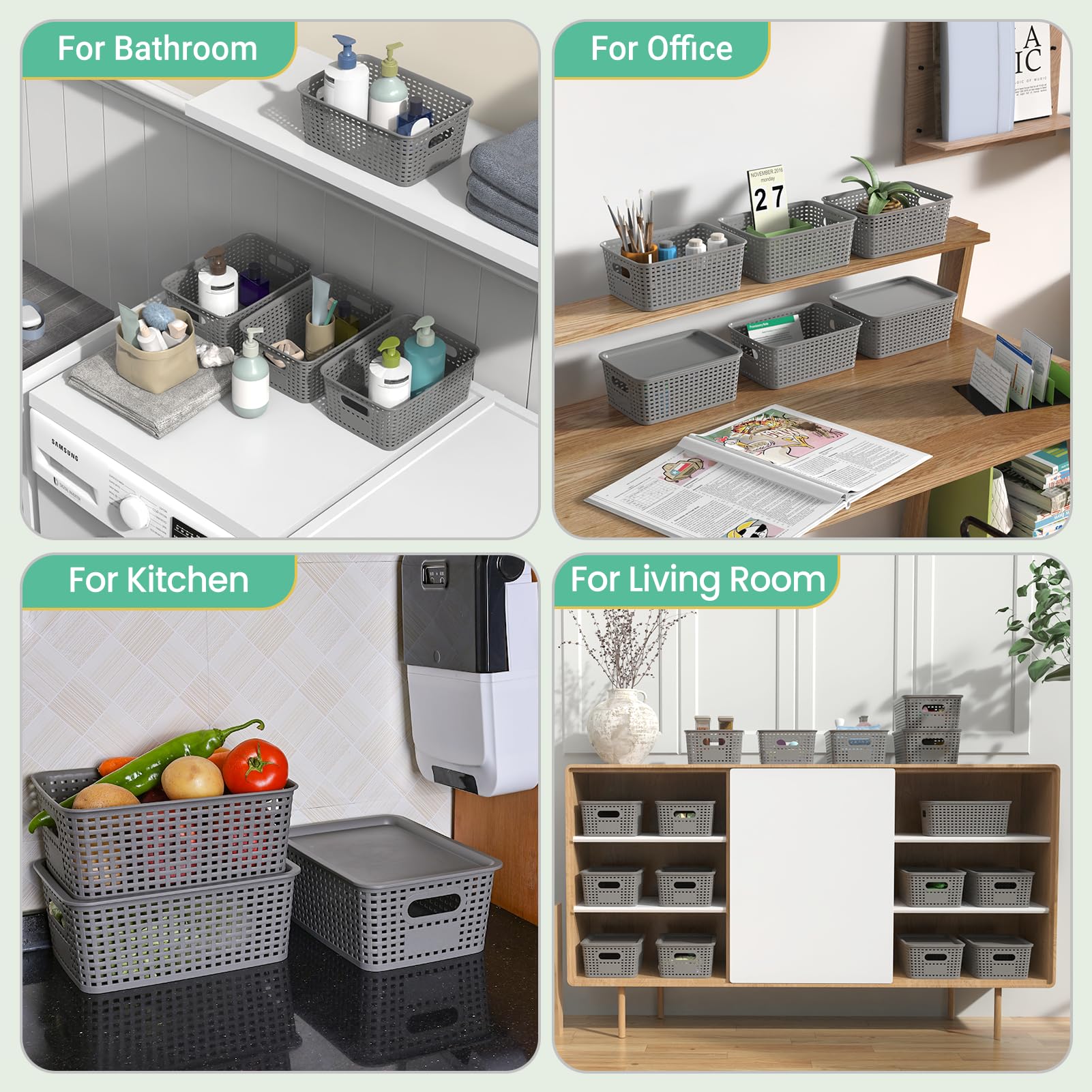 Plastic Storage Baskets with Lid-Plastic Storage Containers Stackable Storage bins: Storage Baskets for Organizing Shelves Drawers Desktop Closet Playroom Classroom Office, 8Pack-Gray,10.2x7.2x4.1Inch