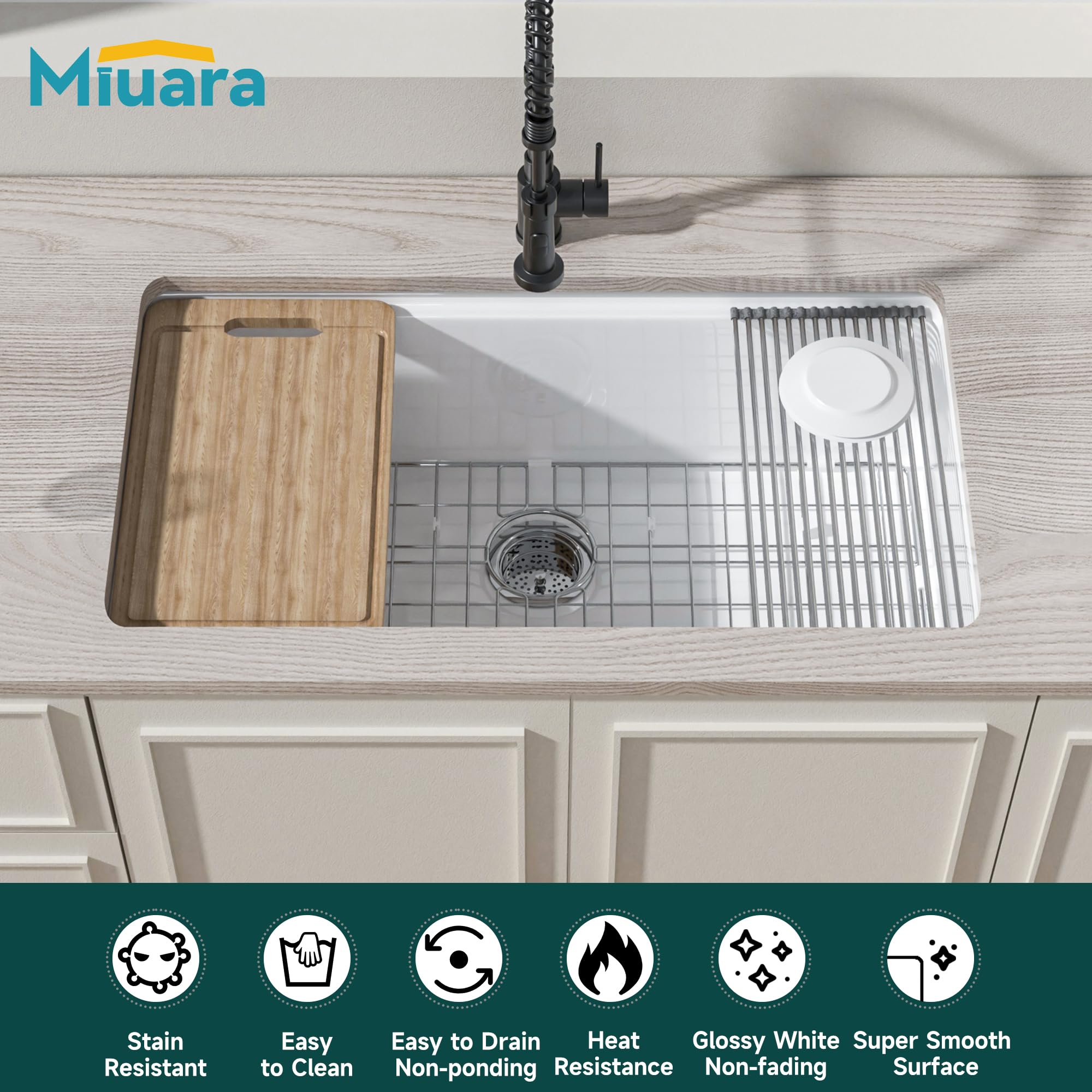 Miuara White Workstation Kitchen Sink 33 Inch - White Undermount Kitchen Sink 33"x19"x10", Large Kitchen Sink Drop In, Single Bowl Topmount Fireclay Sink for Kitchen,with 4 Custom Accessories