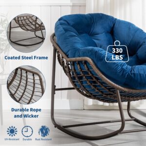 Villeston Outdoor Papasan Rocking Chair - Oversized Comfy Patio Chair Indoor Egg Royal Rattan Rocking Chair with Cushion for Front Porch Lounge Lawn Bedroom Living Room (Blue Velvet)