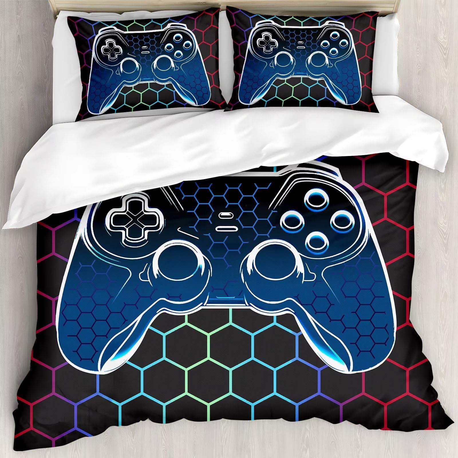 Duvet Cover Full,Gamer Bedding Set Full ,Game Console Comforter Cover Full Size for Boys Kids,Cool 3D Gaming Geometric Bedding Set, 3 Pieces, 1 Gamer Duvet Cover 80"x90" and 2 Pillow Shams 20"x30"