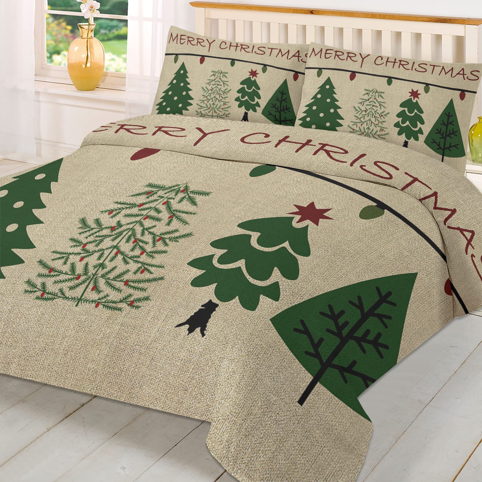 Christmas Comforter Sets California King Size Green Pine Trees Soft Bedding Duvet Cover Sets 3 Pieces Xmas Lights Bedding Set with Comforter Cover and 2 Pillow Cases Bedroom Xmas Decor Gift