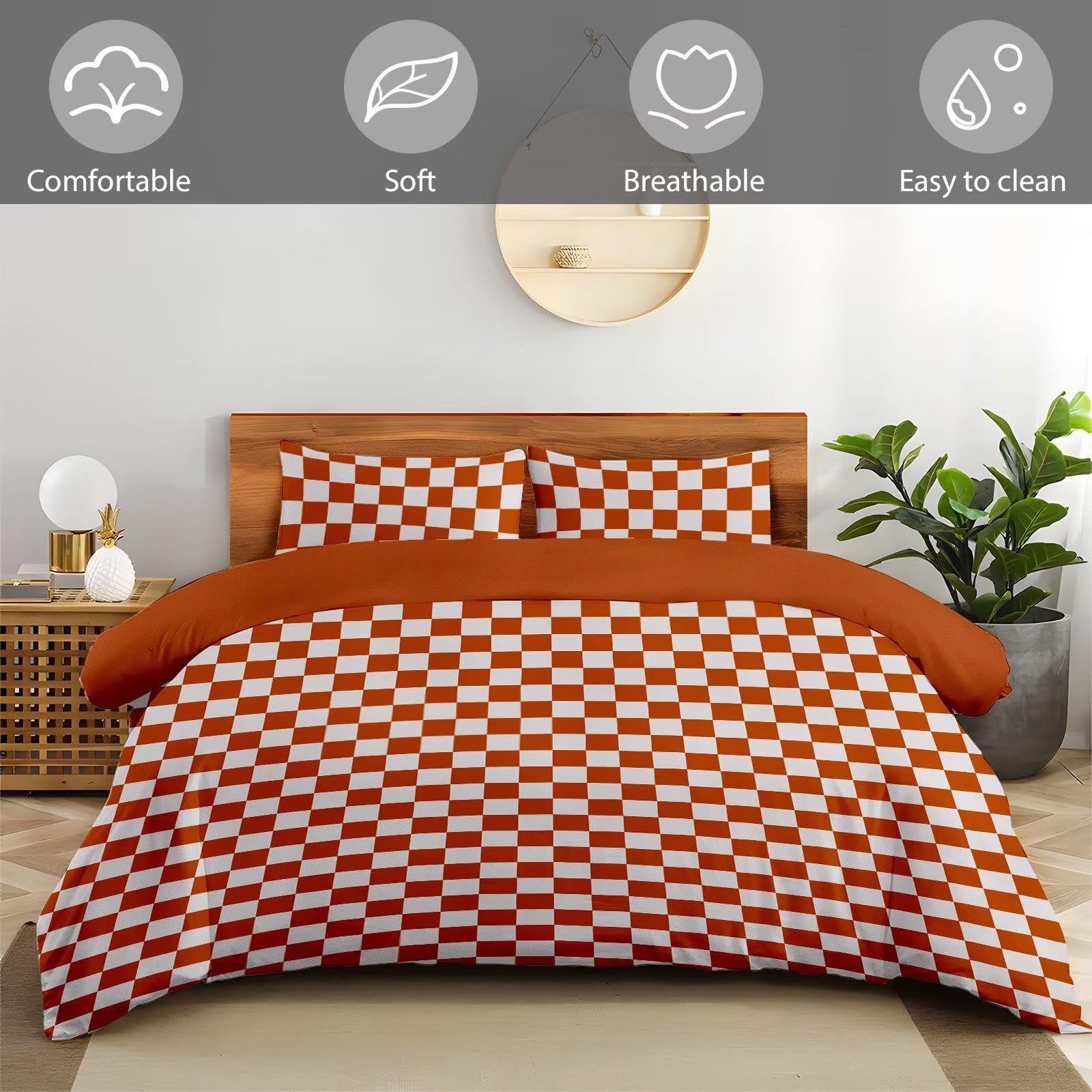 Duvet Cover Full Size - Orange Plaid Full Duvet Cover Set Women Girls,Full Size Duvet Cover Full Abstract Checkered Bedding Set, 3 Pieces, 1 Comforter Duvet Cover Full Size 80"x90"and 2 Pillowcases