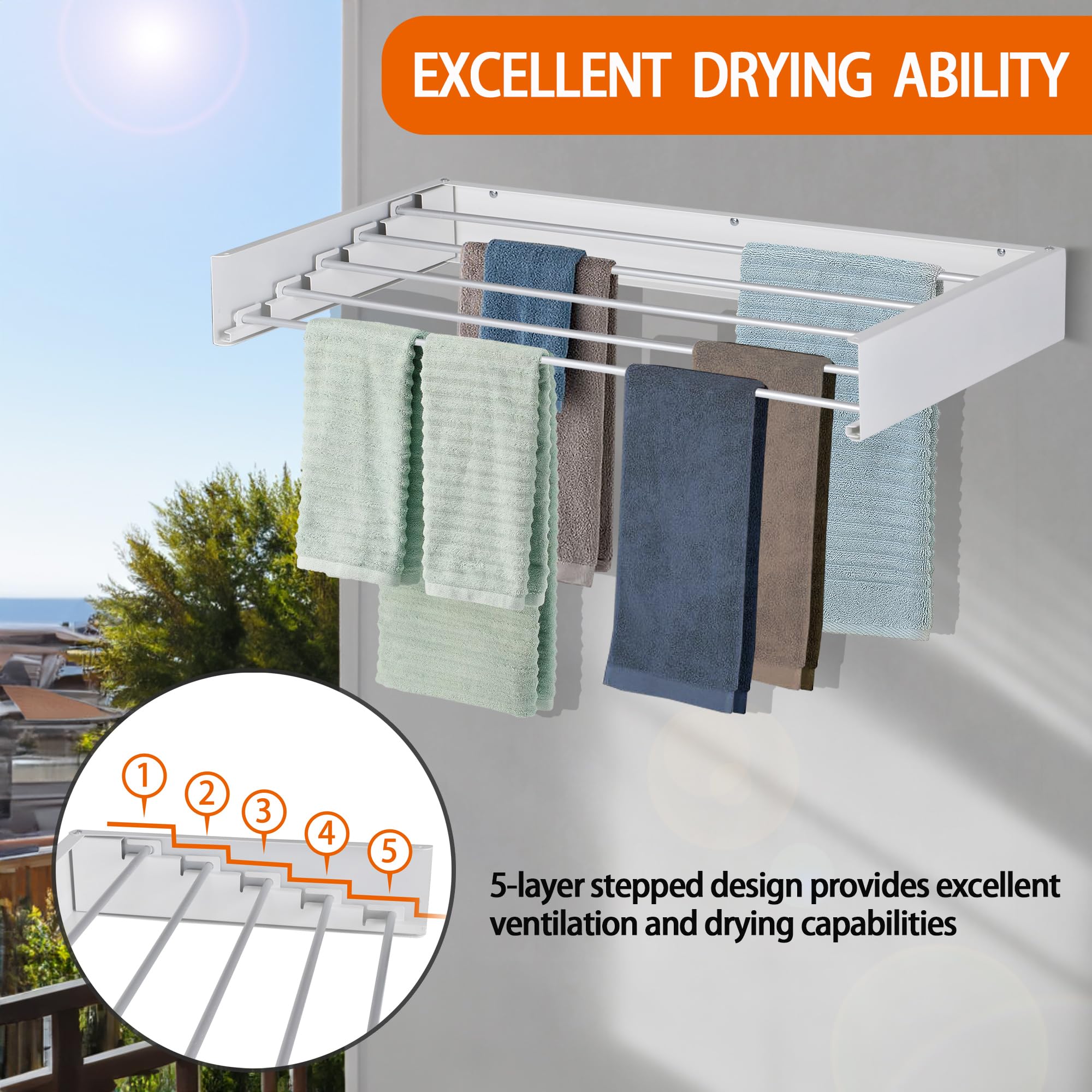 FOCHIER F Laundry Drying Rack Wall Mounted Clothes Drying Rack Collapsible 31.5" Wide with 13.2 Linear Ft and 5 Aluminum Rods Drilling Template Long Screwdriver Bit 60 lbs Capacity White