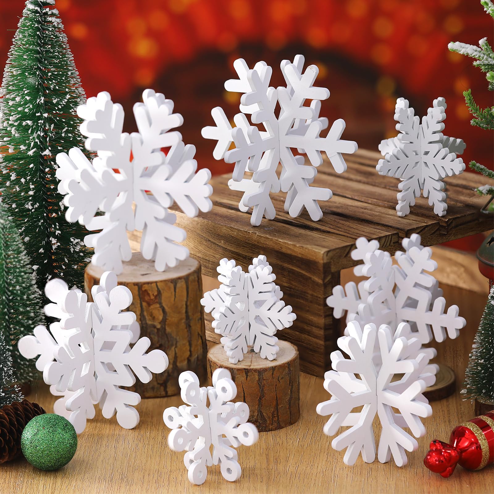 Wenqik 16 Pcs Winter Wooden Snowflake Decor Christmas Winter Snowflake Tabletop Decorations 3D Snowflake Table Signs Standing Centerpiece Tiered Tray Decorations for Party(White)