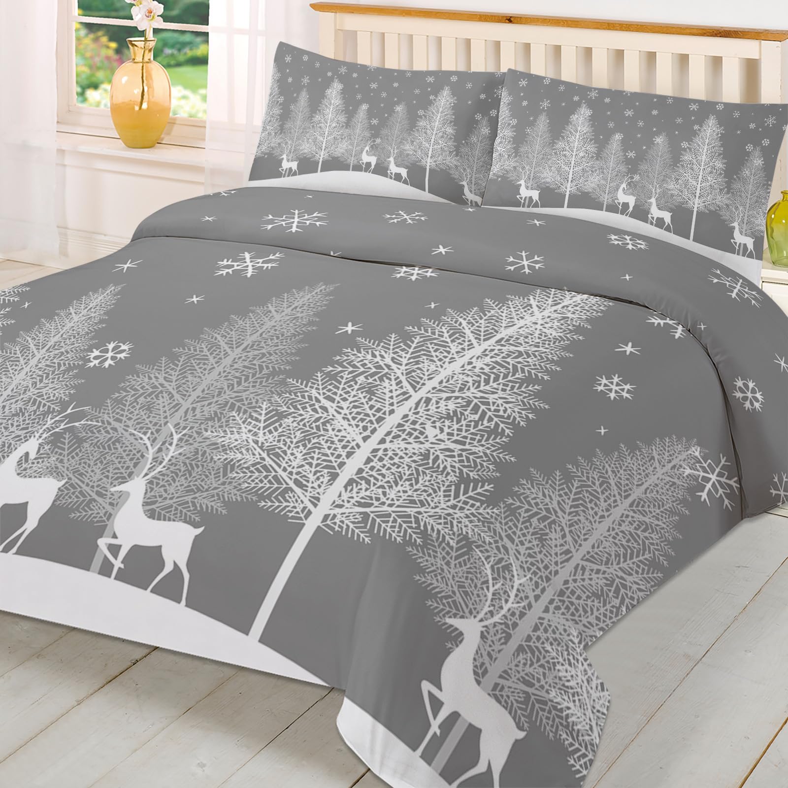 Christmas Comforter Sets California King Size Xmas Tree Elk Deer Reindeer Soft Bedding Duvet Cover Sets 3 Pieces Snowflake Snow Forest Bedding Set with Comforter Cover and 2 Pillow Cases Bedroom