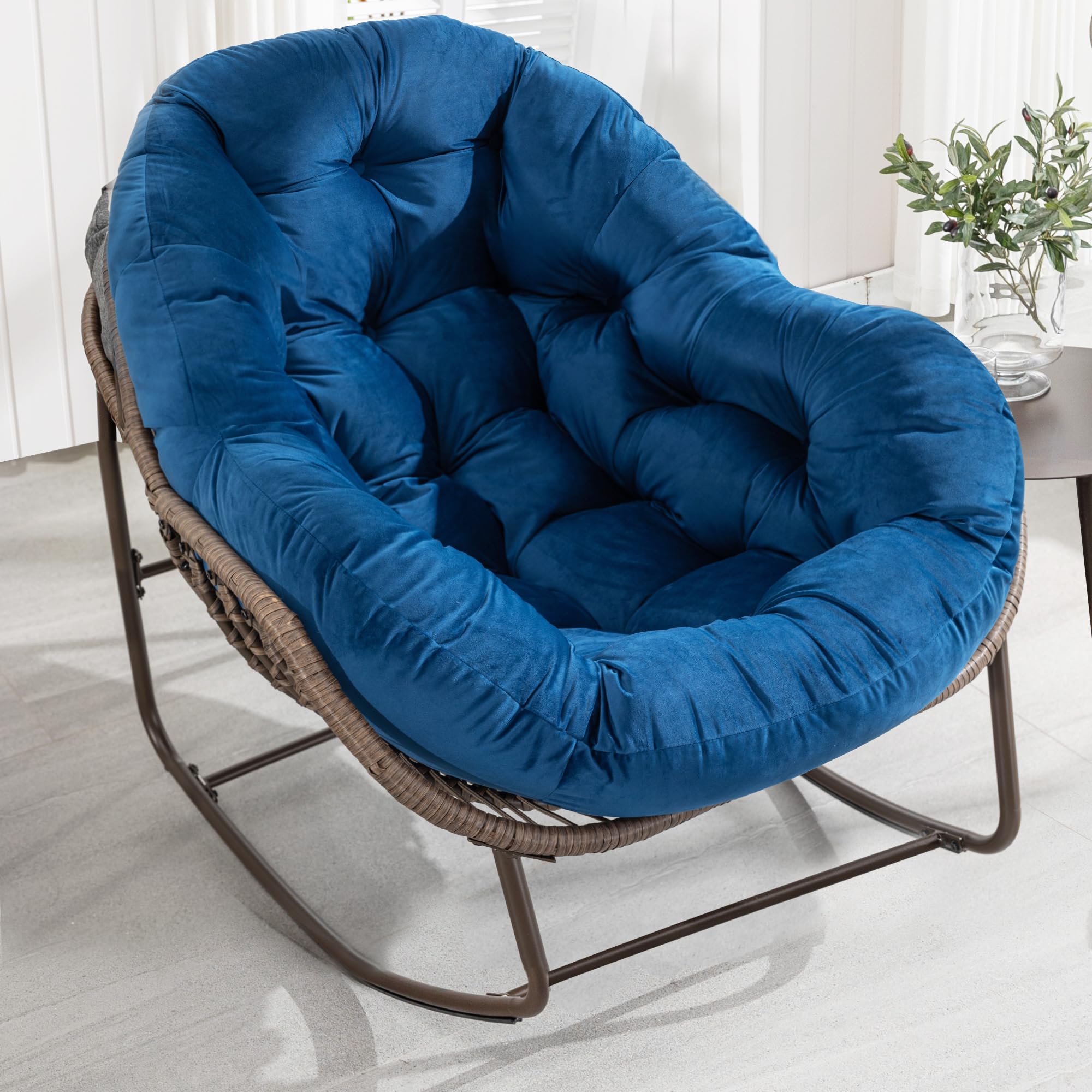 Villeston Outdoor Papasan Rocking Chair - Oversized Comfy Patio Chair Indoor Egg Royal Rattan Rocking Chair with Cushion for Front Porch Lounge Lawn Bedroom Living Room (Blue Velvet)