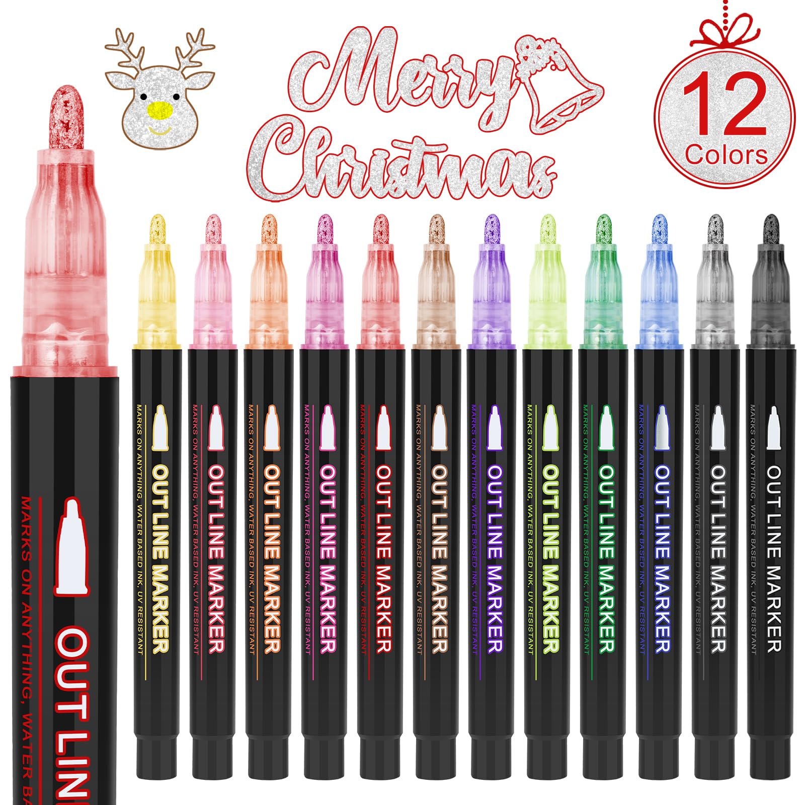 OLINGYOU Outline Markers, 12 Colors Shimmer Markers Set, Self Outline Metallic Outline Marker Pen Set for Art, Drawing, Doodling, Card Making, Greeting Cards, DIY Crafts