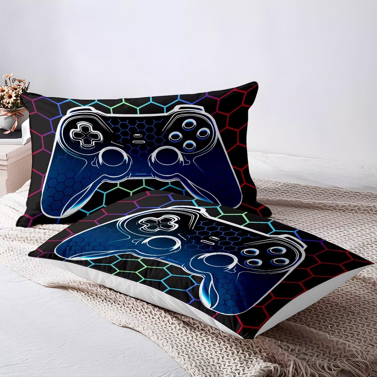 Duvet Cover Full,Gamer Bedding Set Full ,Game Console Comforter Cover Full Size for Boys Kids,Cool 3D Gaming Geometric Bedding Set, 3 Pieces, 1 Gamer Duvet Cover 80"x90" and 2 Pillow Shams 20"x30"