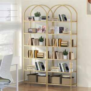 Homhedy 6-Tier Bookshelf Arched Display Racks, Metal Bookcase, Tempered Glass Shelves, Storage Rack Shelf for Home Office, Living Room, Bedroom, Bathroom, Modern Style, Golden