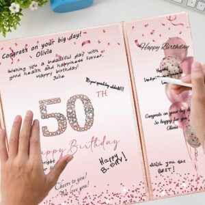 DARUNAXY Rose Gold 50th Birthday Party Decorations, Happy 50th Birthday Alternative Signature Guest Book for Women Pink Cheers to 50 Years Old Gifts 50 Birthday Signing Card Board Party Supplies