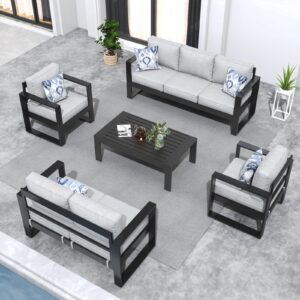 kholh 5 piece modern aluminum patio furniture set, outdoor patio sectional conversation metal seating sets with olefin cushion and coffee table