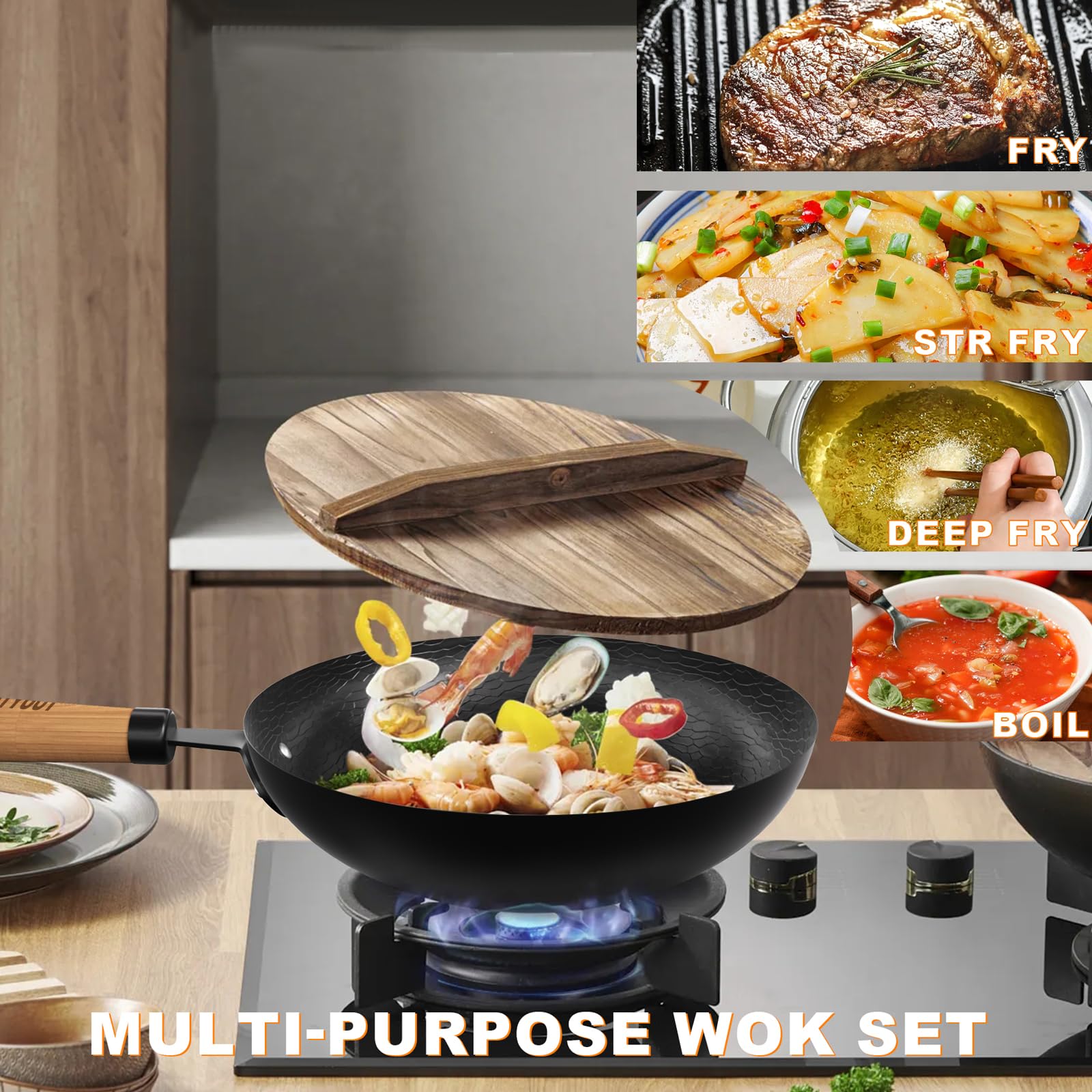 NFFTYUUT Carbon Steel Wok Pan, 8 Piece Woks & Stir-Fry Pans Set with Wooden Lid No Chemical Coated Flat Bottom Chinese Woks Pan for Induction, Electric, Gas, Halogen All Stoves - 13''